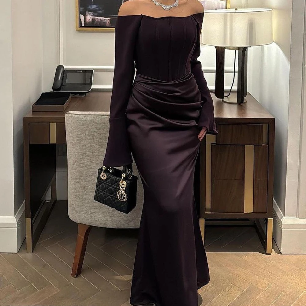 

Customized Elegant Straight Ankle Length Strapless Jersey Long Sleeves Evening Dress Classic Photo Color vestidos para mujer