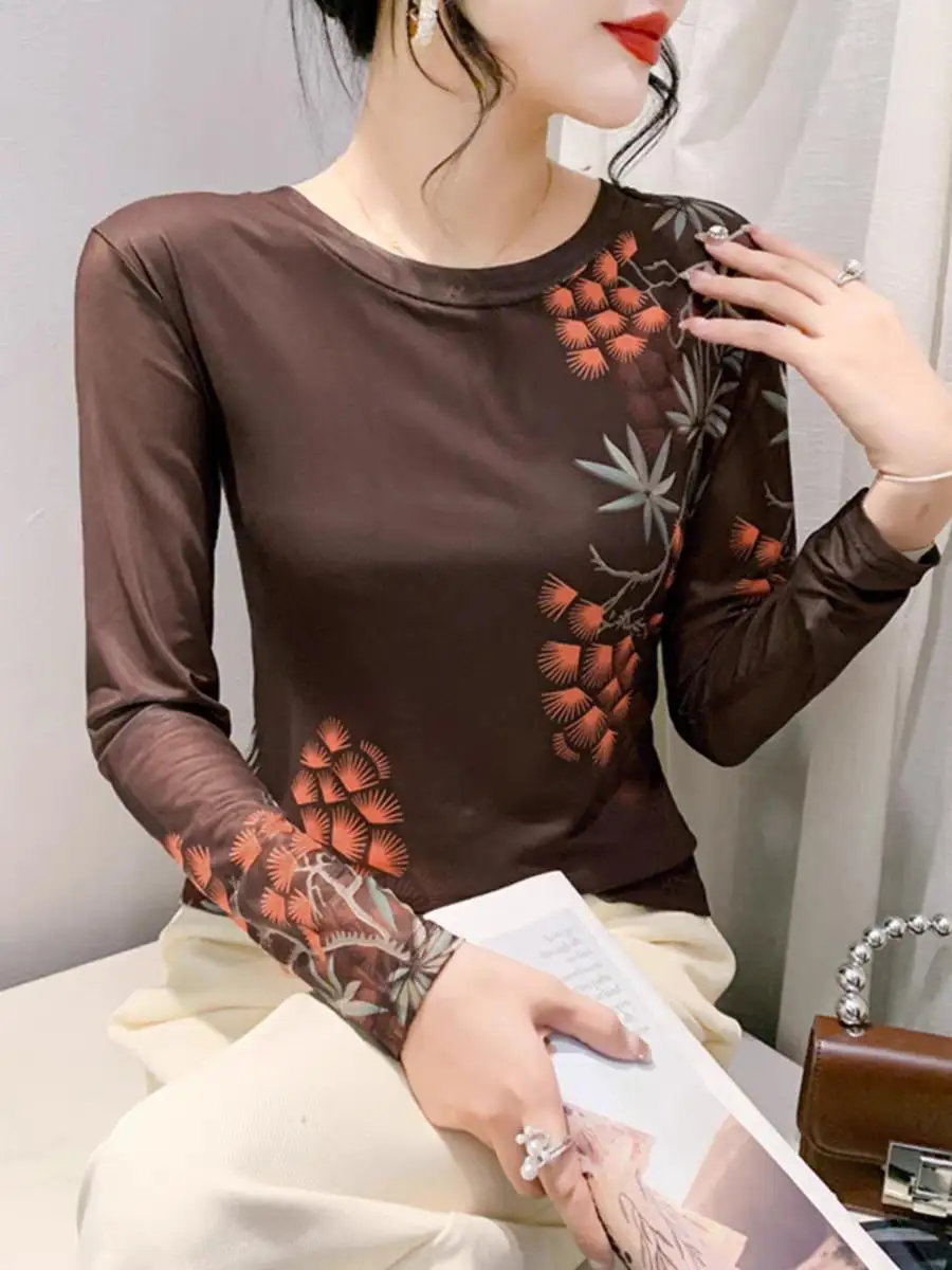 Positioning Printing T-shirt 2024 Spring Summer Women Soft Full Sleeve TShirts Lady Elegant Elastic Mesh Tops Female Slim Tees