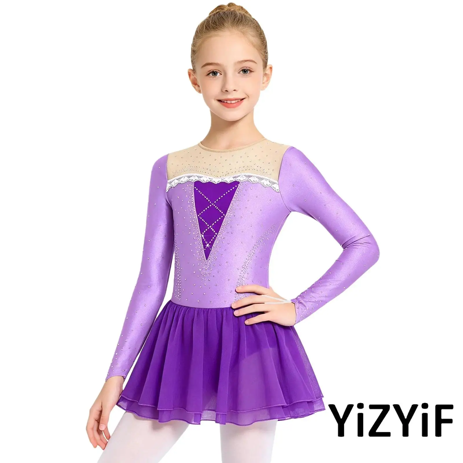 

Kids Princess Pageant Dress Mesh Patchwork Long Sleeve Rhinestone Embellished Lace Detail Dress for Figure Skating Ballet Dance
