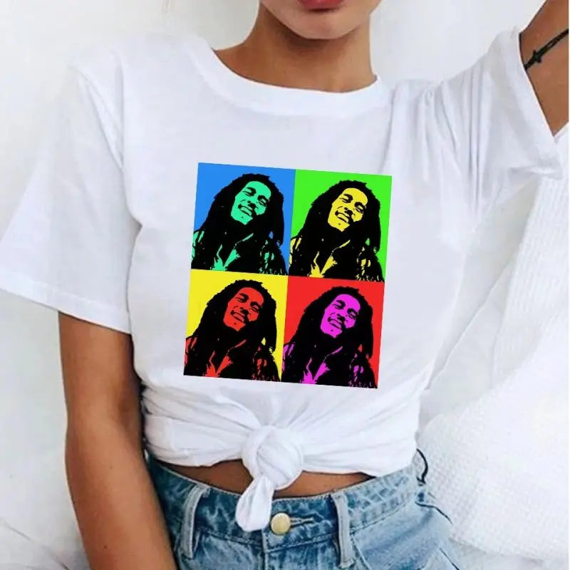 Bob Marley Print Y2K T-shirt Women 90s Trend New Female Tee Fashion White Short Sleeve T Shirt Graphic Top Print Ladies Clothing