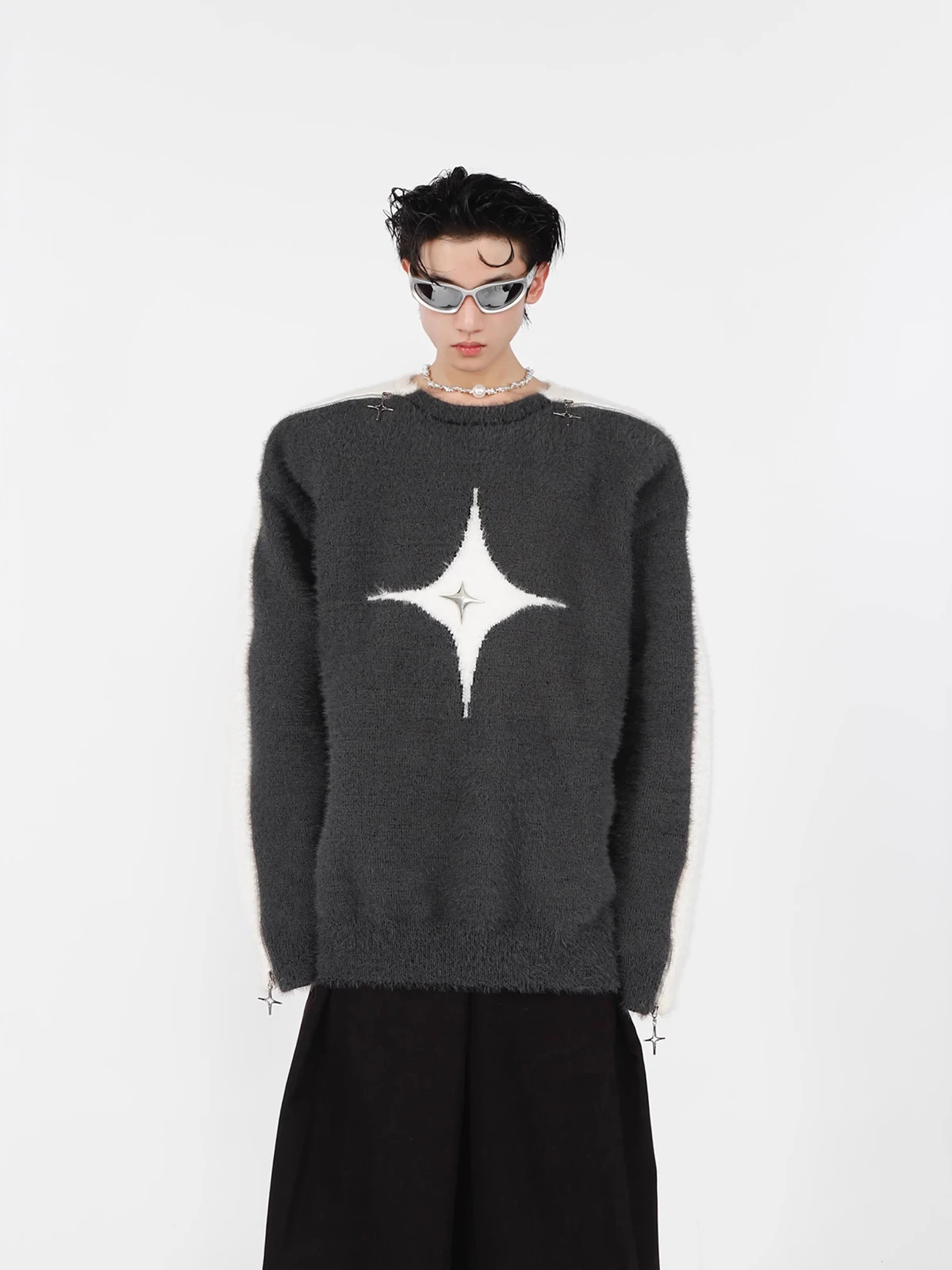 REDDACHIC Men Zip-up Long Sleeves Mohair Sweater Star Color Block Stitch Jumper Casual Oversized Knit Top Retro Y2k Streetwear