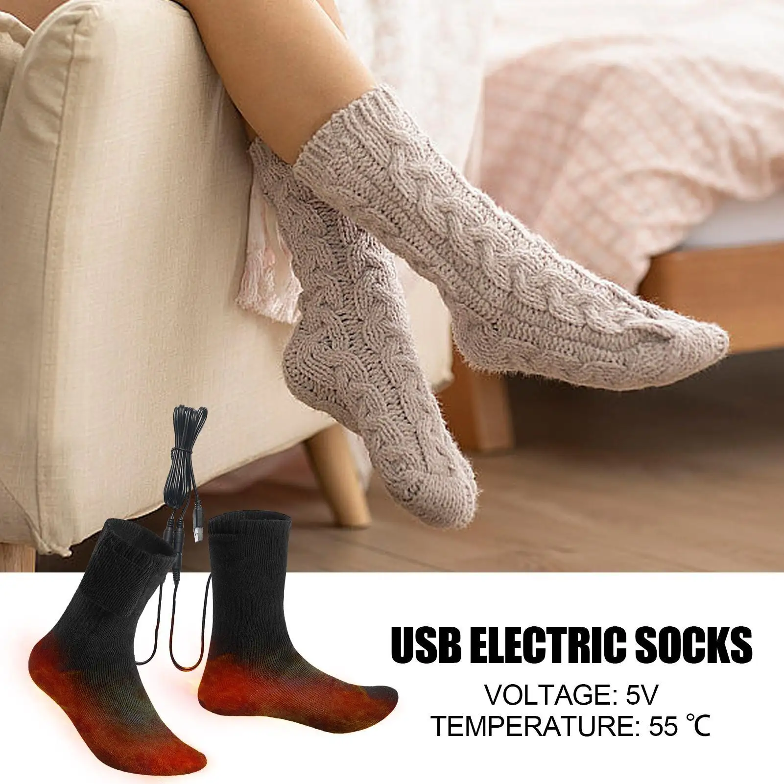 USB قابلة للشحن ساخنة الجوارب درجة حرارة ثابتة حمى تسخين كهربائي الجوارب سميكة الرياضة جهاز تدفئة القدمين جورب التدفئة الكهربائية