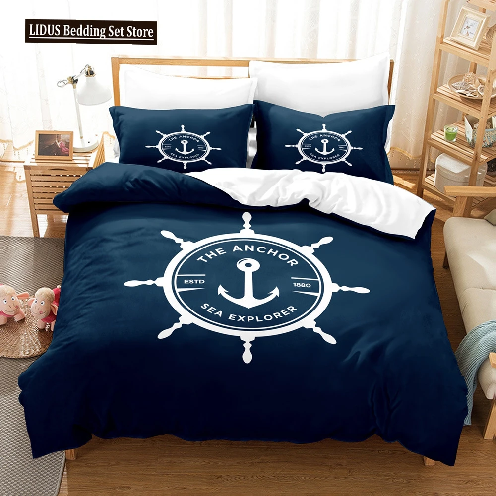 Anchor Duvet Cover Set,Nautical Pattern Classic Colors And Anchors Simplistic Design Sailor Ship Print Bedding Set Queen Size