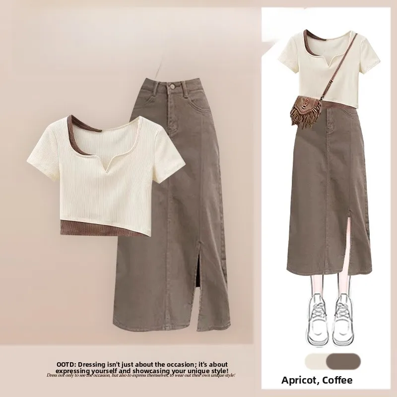 

American Color Block Square Collar Short Sleeve T-Shirt Women's High Waist Half Body Long Skirt Set Summer New Vintage Split