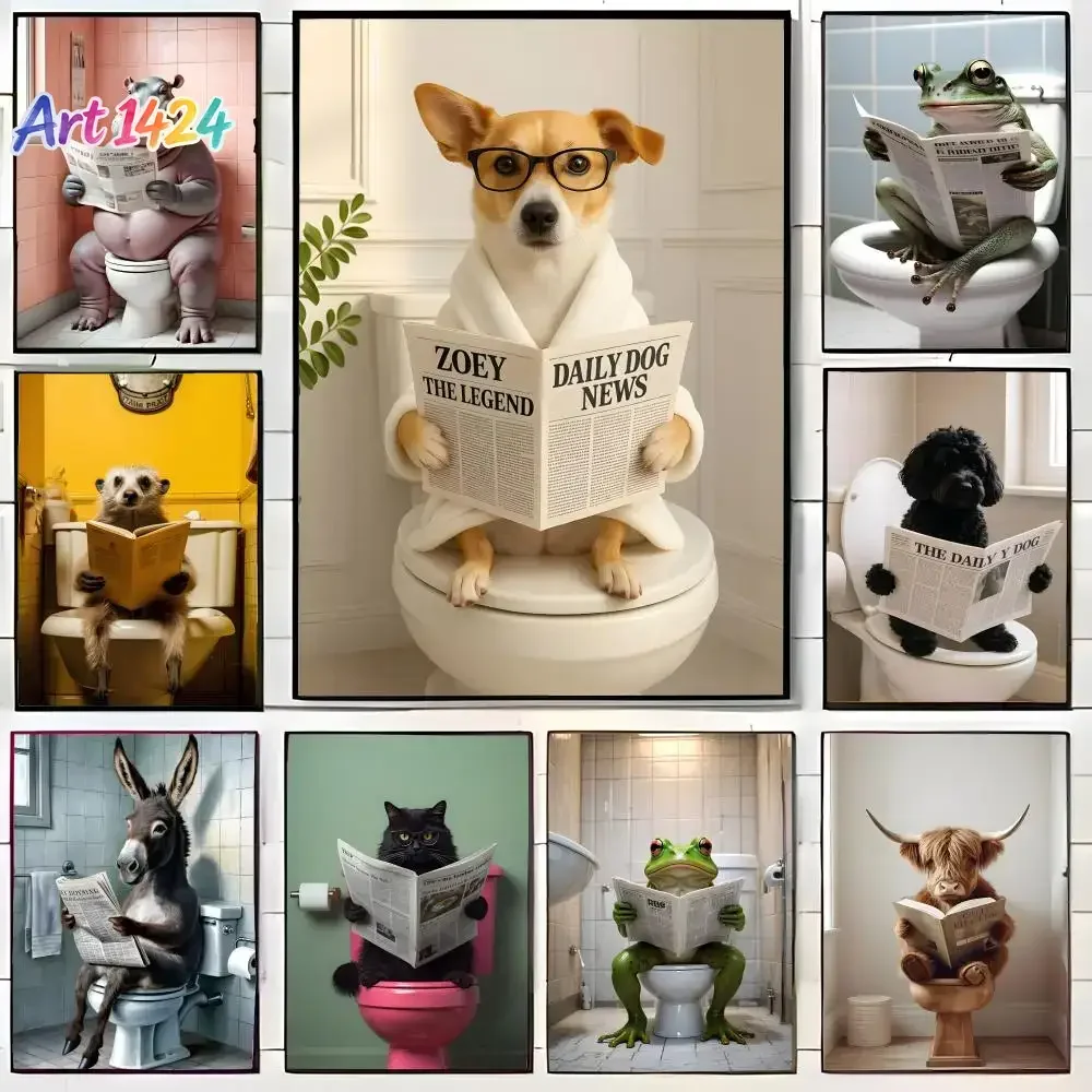 1PC Funny Bathroom Animals Reading Books Humorous Poster Canvas Wall Art Print Poster Decorative Mural Home Decor Gift Unframed