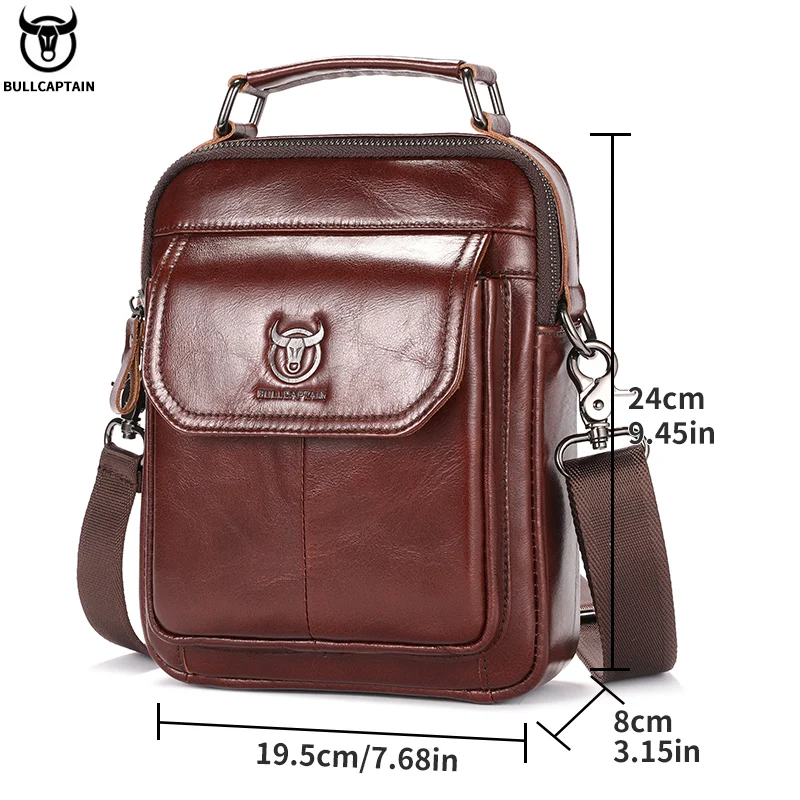 BULLCAPTAIN Men\'s Genuine Leather Shoulder Bag Multifunctional 7.9-inch Tablet Handbag Retro Casual Crossbody Bag Cowhide