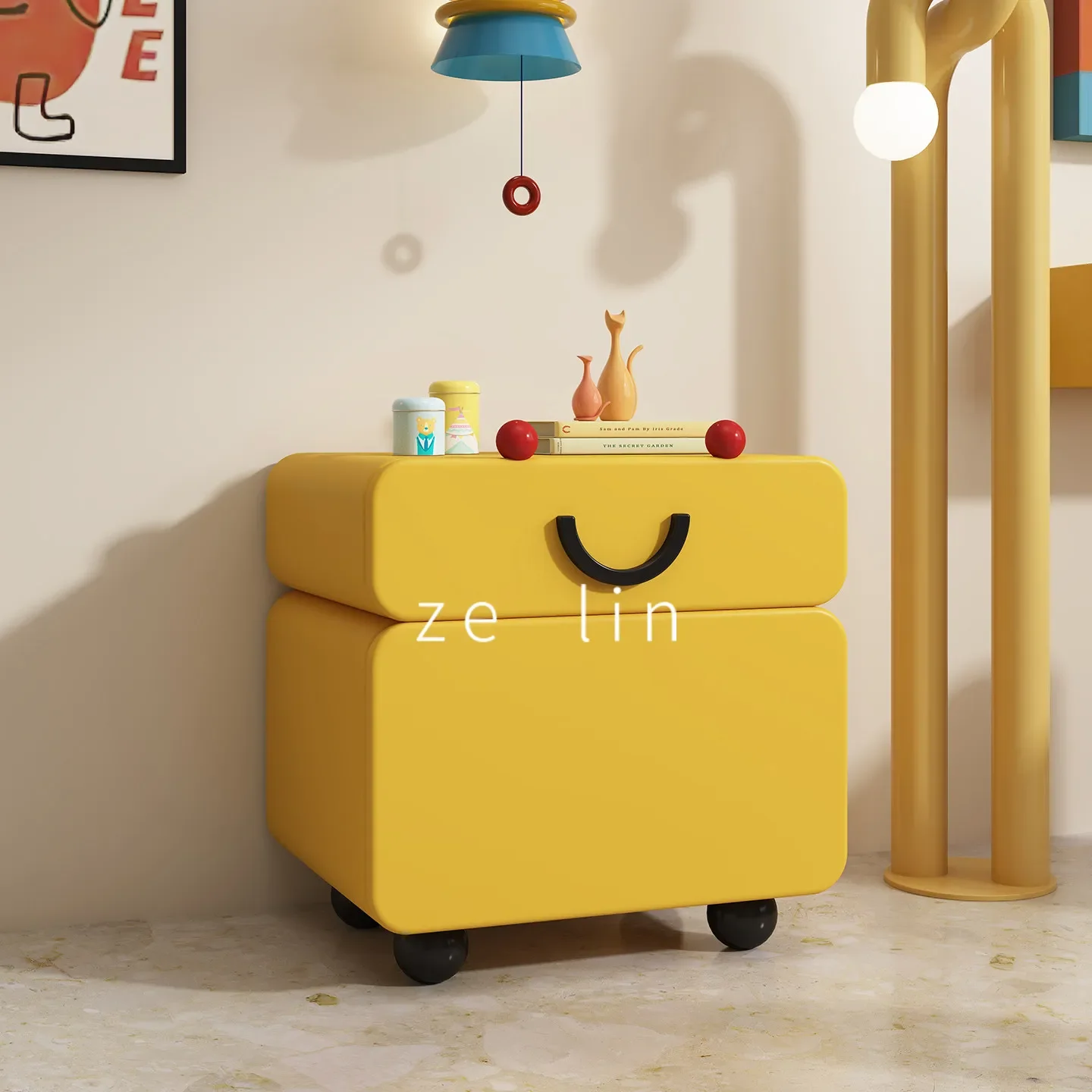 Dopamine solid wood bedside table and safe integrated minimalist modern cute cartoon children's bedroom storage bedside table