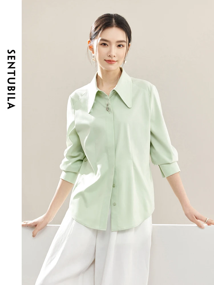 

SENTUBILA Light Green Polo Collar Office Lady Blouse 2024 Spring Loose Button Up Long Sleeve Shirt Simple Female Top 141C53154