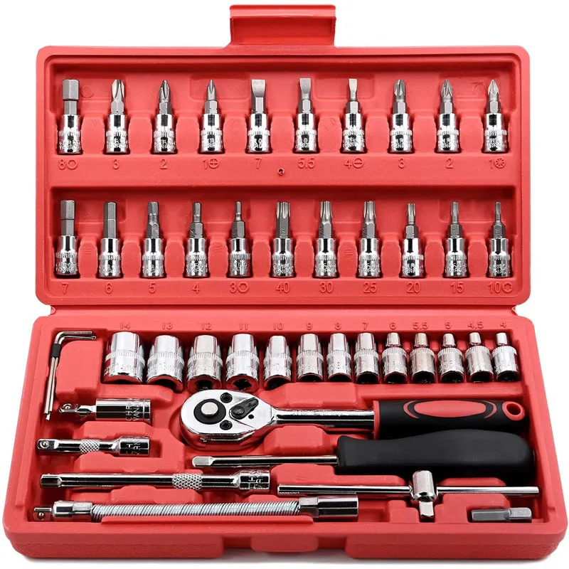 46 Pieces 1/4 inch Drive Socket Ratchet Wrench Set, with Bit Socket Set Metric and Extension Bar for Auto Repairing andHousehold