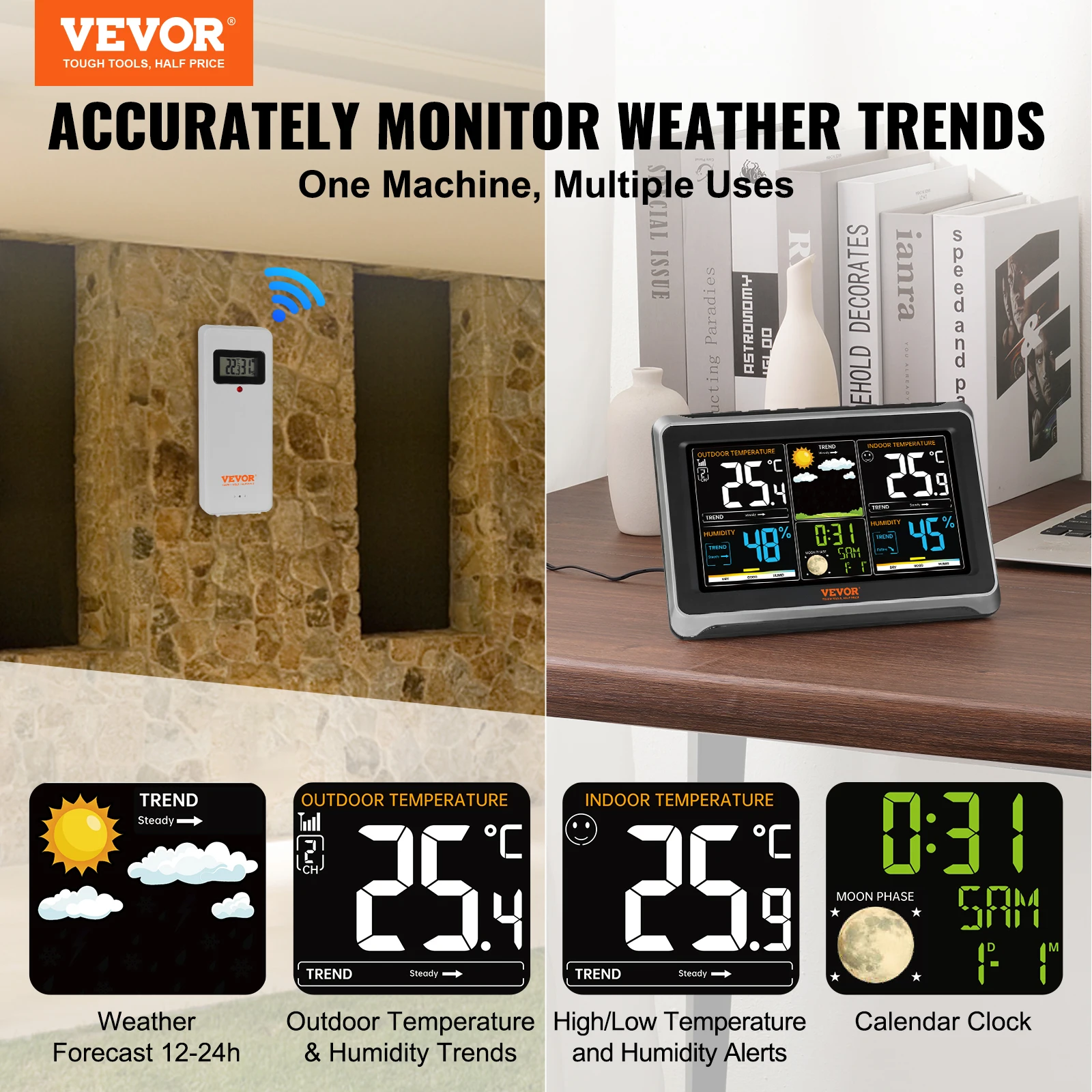 VEVOR Wireless Weather Station 7.5inch HD Color Screen & Automatic Time Calibration Weather Forcast for Home Life or Travel Plan