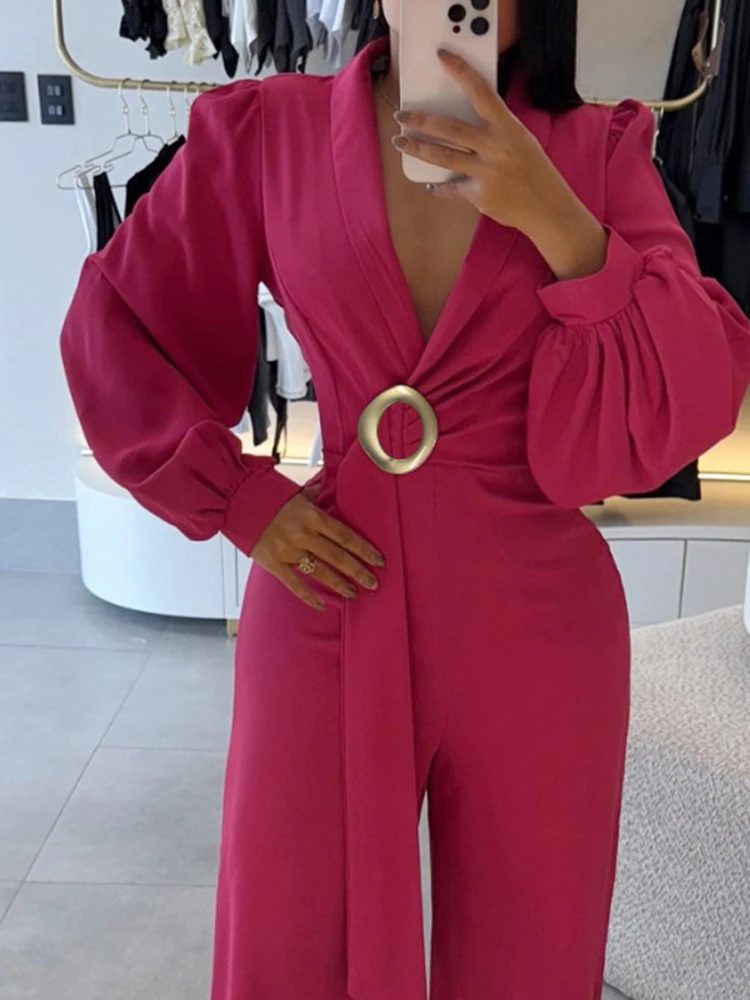 

Темпераментные комбинезоны с v-образным вырезом и длинными рукавами, модные комбинезоны с высокой талией и широкими штанинами, элегантный женский комбинезон с металлической пряжкой на шнуровке