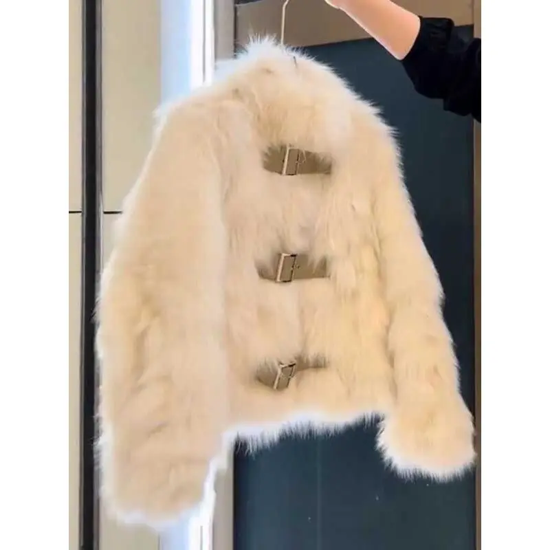 

Women's Motorcycle Style Coat with Polyester Fiber Long Sleeve round Neck Autumn Winter Thickened Faux Fur Cotton Jacket