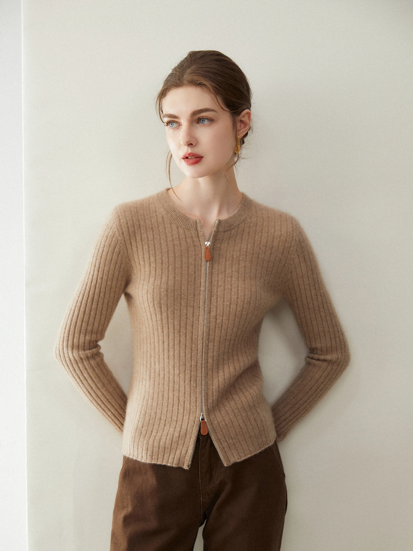 

Женский кардиган из 100% кашемира с круглым вырезом, двойной молнией, приталенный, осенне-зимний, вязаный, мягкий, комфортный, элегантный