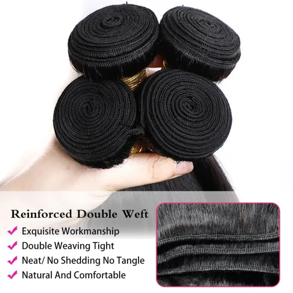 Mechones rectos brasileños virgen sin procesar 100% extensiones de cabello humano Color negro Natural extensiones de tejido de doble trama para mujeres