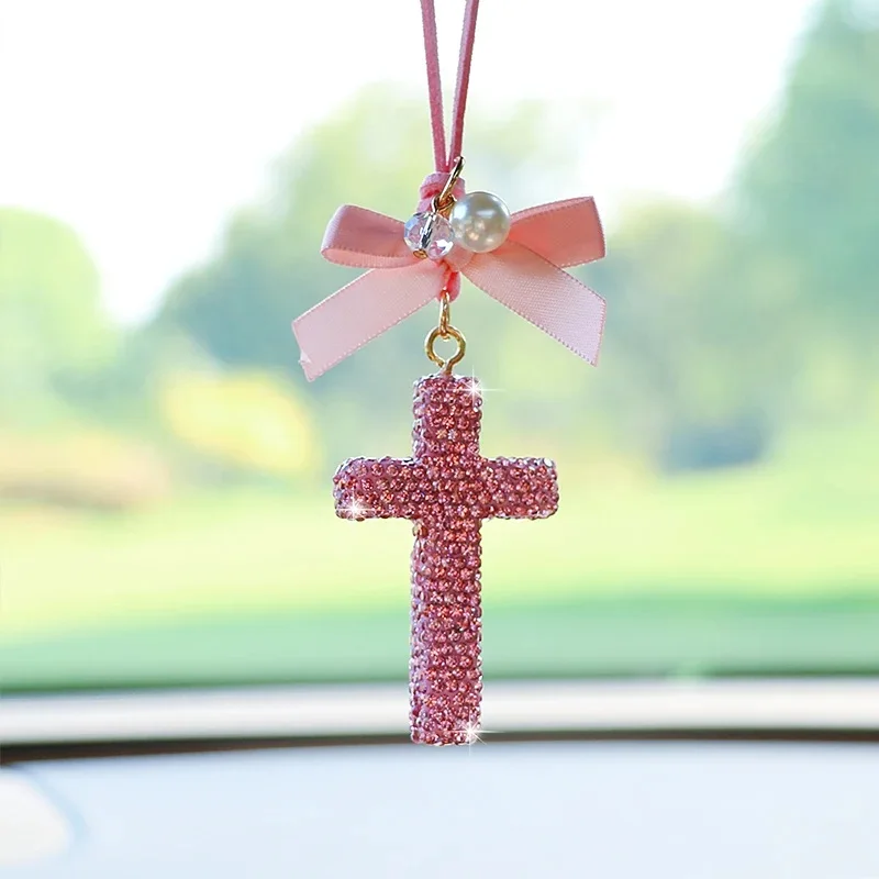 Car Fashionable Cross Interior Decoration Rearview Mirror Pendant Crystal Cross Shiny Rhinestone Pendant Hanging Accessories