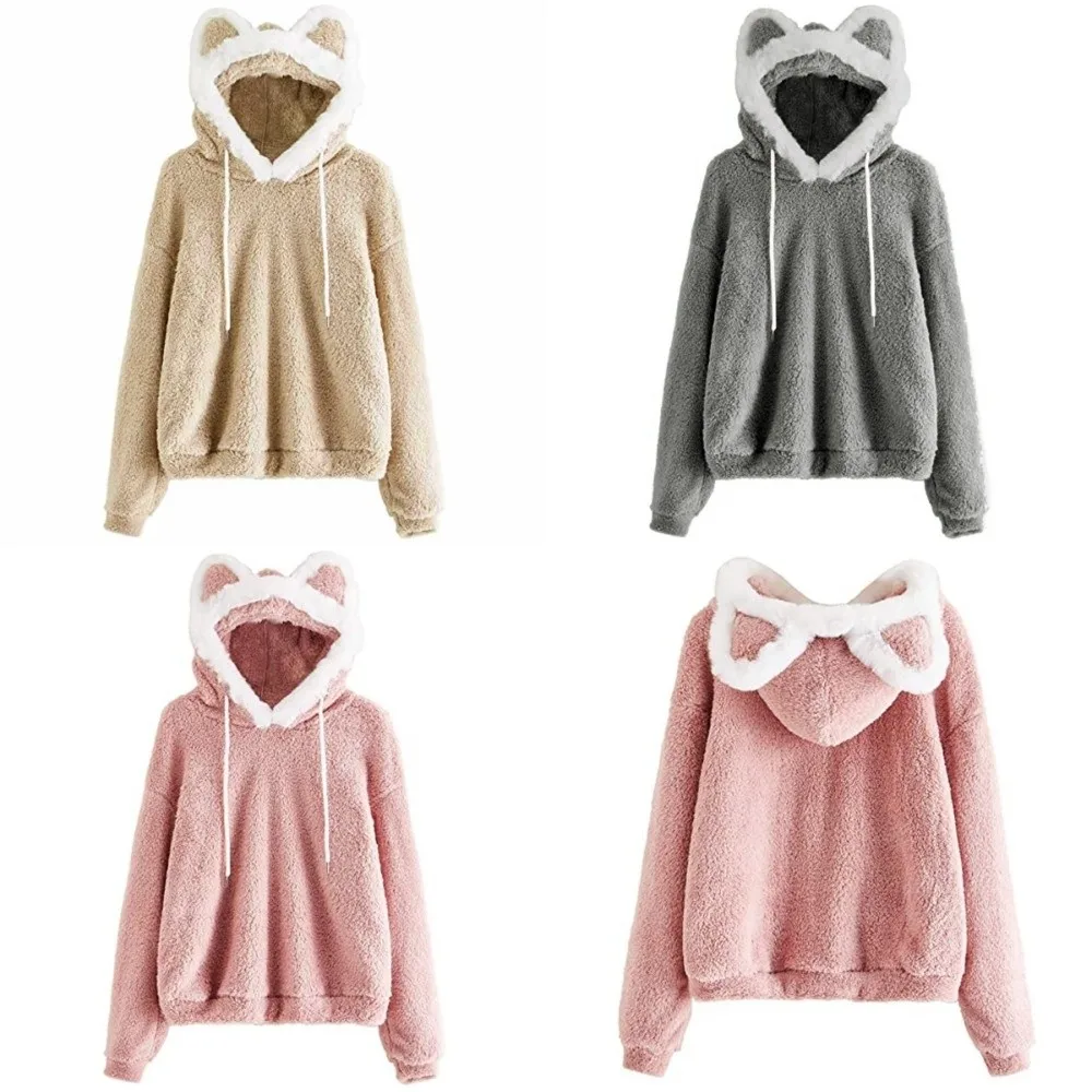 Lässiger Langarm-Kapuzenpullover mit Katzen- und Bärenohren, einfarbige Oberbekleidung, Kapuzenpullover mit 3D-Tierohren, flauschiger Fleece-Sweatshirt, Street-Style-Oberteil – Detail 2