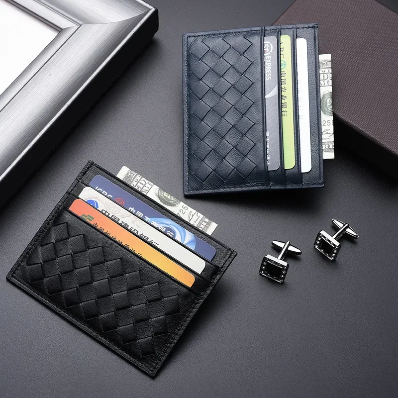 Luxury Black Card  ID Holders Real Leather Woven Wallet Sheepskin Ultrathin Man Use Card Holder Minimalist Wallet Men and Women