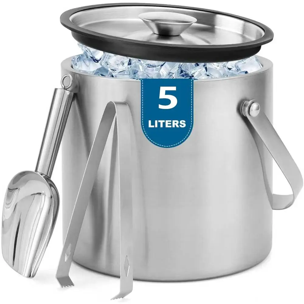 5L Insulated Ice Bucket, Portable Large Capacity Ice Buckets, Double-Wall Stainless Steel Ice Container, Keep Ice Cool, Champagn