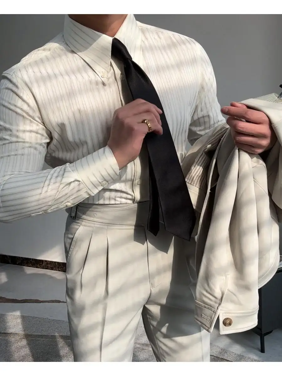 

Рубашка Slim Fit в полоску, повседневная, деловая, на пуговицах, с воротником-стойкой, модная, джентльменская, весна-осень, из смесового полиэстера и хлопка
