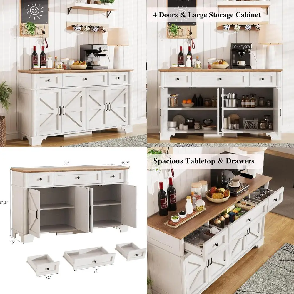 White 55 Inch Farmhouse Style Buffet Cabinet with Storage, Adjustable Shelves & 3 Drawers, Dining Room Sideboard Table