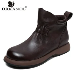 DRKANOL Women Boots 2024 Autumn Winter Handmade Retro Round Toe Genuine Leather Pleated Luxury Design Flat Casual Ankle Boots