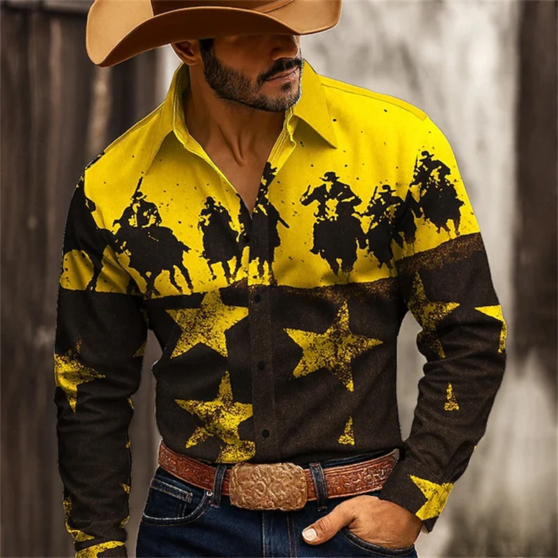 

2025 new men's shirt 3D high-definition printing western cowboy style men's tops fashionable casual design comfortable fabric