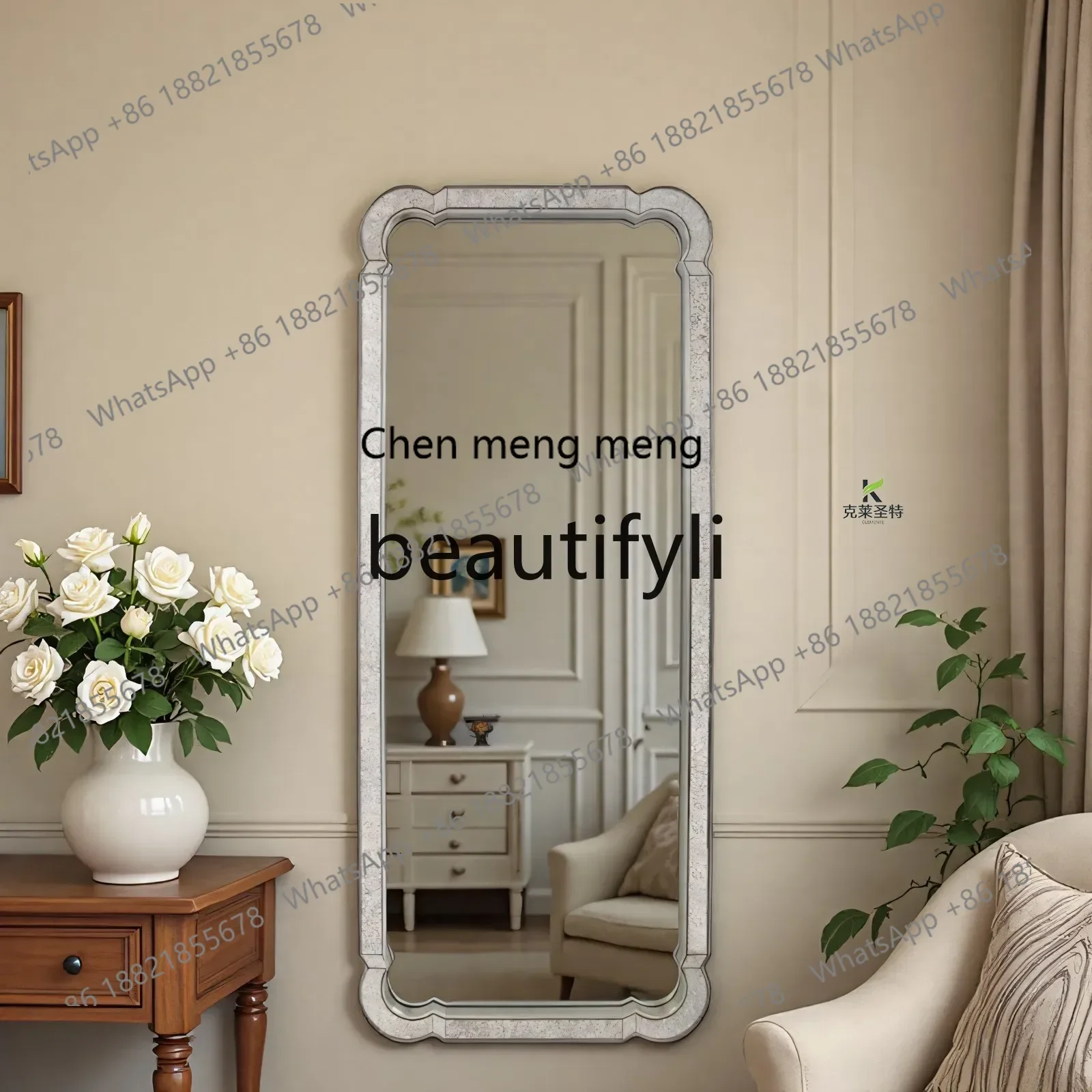 Household floor-to-ceiling fitting mirror French retro wall-to-wall, European wall-mounted wall-to-wall dressing mirror2936