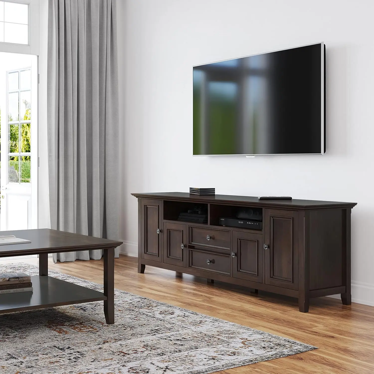 Amherst SOLID WOOD 72 Inch Wide Transitional TV Media Stand in Brunette Brown for TVs up to 80 Inch, For the Living Room .