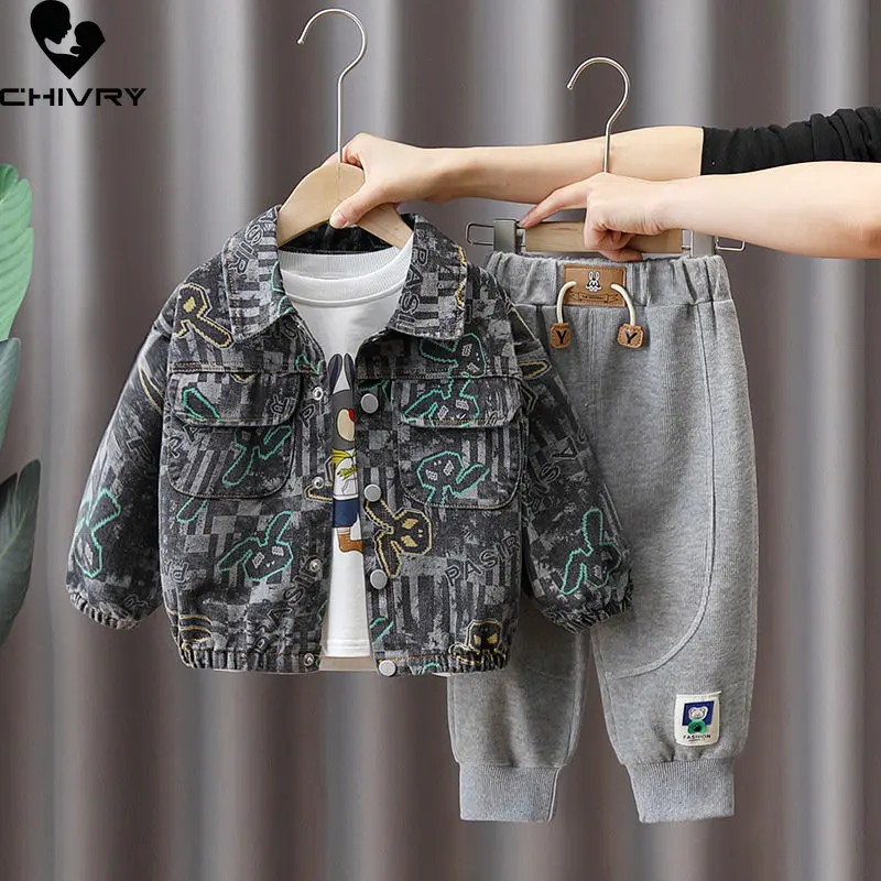 Boys Clothing Sets New 2023 Spring Autumn Baby Boys Fashion Lapel Denim Coat with Sports Pants Kids Casual Two-piece Sets