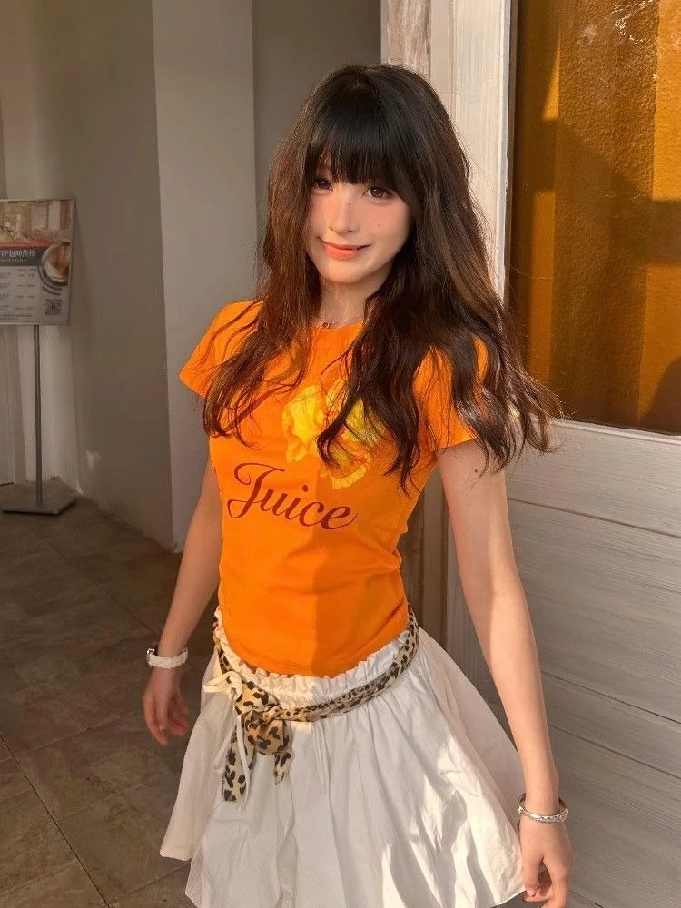 Orange Flower Letter Printing T-shirts Streetwear Vintage Bodycon Fairy Tshirts Summer Women Y2k Aesthetic Grunge Tops