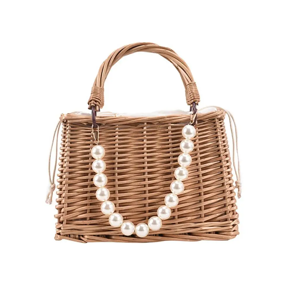 Handbag Straw Woven Baskets Khaki Large Opening Storage Beaded Tote Portable Beach Bag Woman Handbag Outdoor Travel