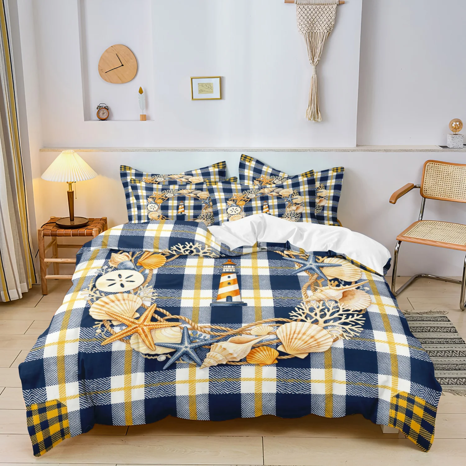 3Pcs Duvet Cover Set, Blue Yellow Plaid Nautical Lighthouse Seashell Starfish Coral Wreath Coastal Print Bedding