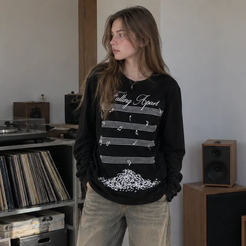 Women Black Graphic Long Sleeve Shirt Music Note Print Crew Neck Loose Y2K Vintage Grunge Casual Streetwear Pullover Top
