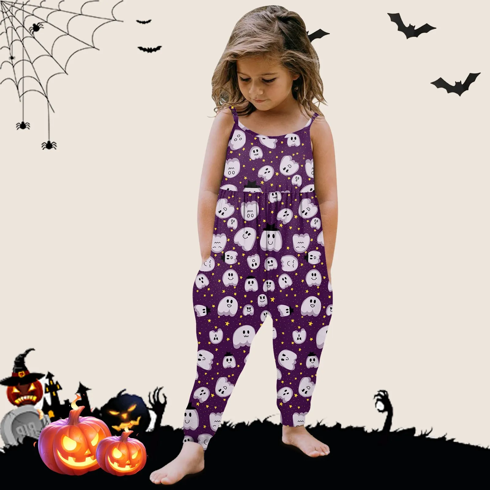 Mono con estampado de Halloween para niña pequeña, pelele sin mangas, pantalones, ropa de verano, Pelele de flores