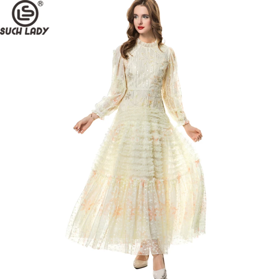 Vestidos femininos o pescoço mangas compridas impresso babados em camadas elegante designer de moda maxi vestidos