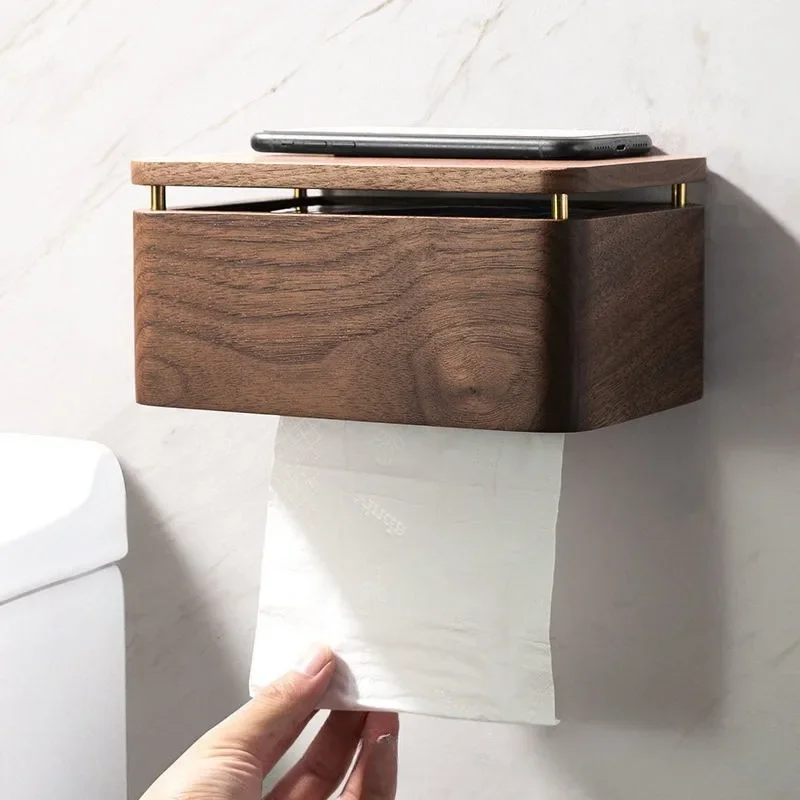 creative-black-walnut-solid-wood-bathroom-tissue-box-punch‑free-wall‑mounted-hand-towel-paper-storage-dispenser
