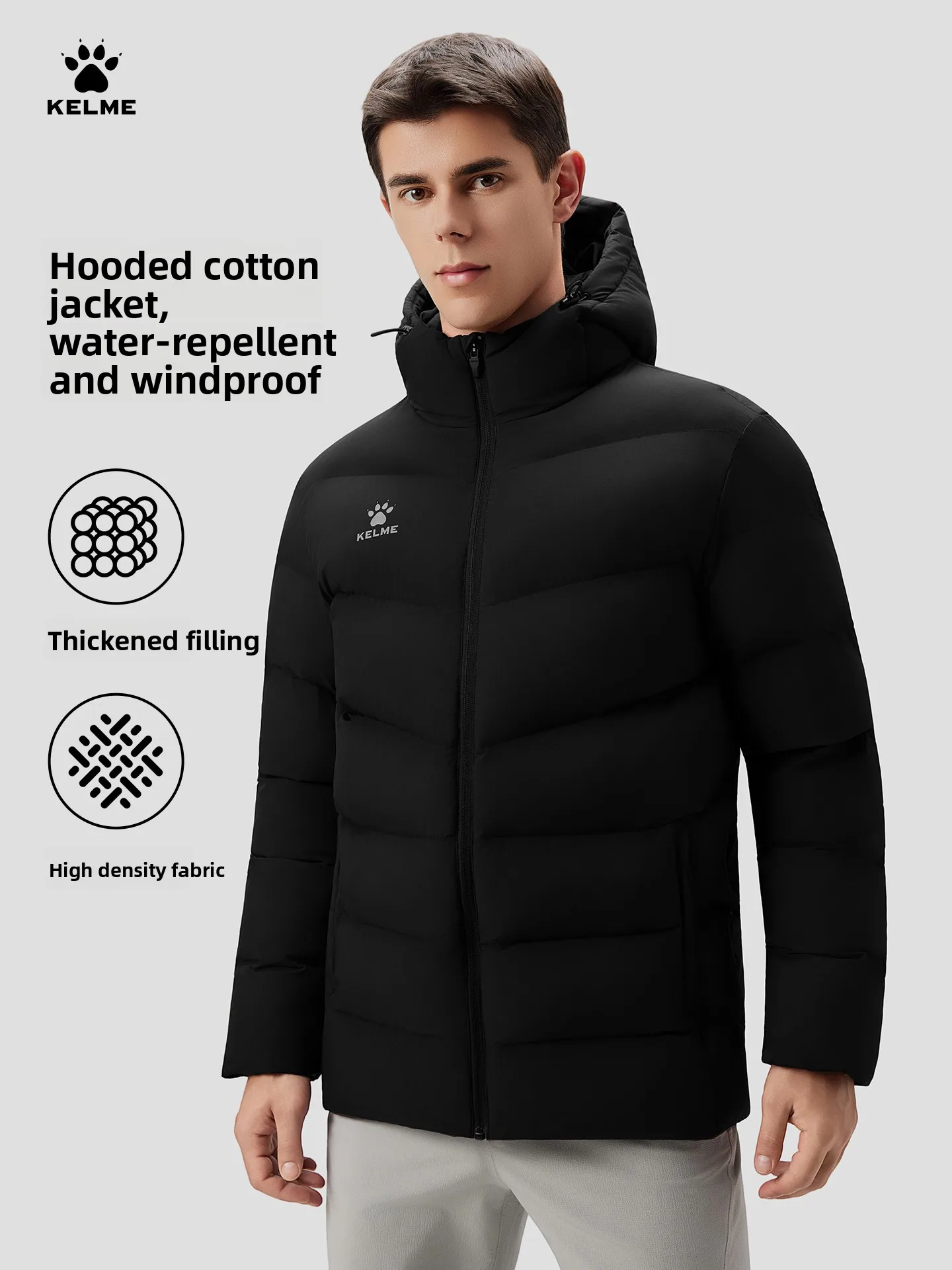 Kelme thermische jas met capuchon voor heren voor sport, voetbaltraining en buitenactiviteiten, winddichte fleece gevoerde jaseggioхое