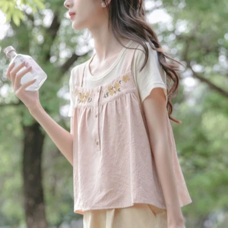 

2024 Summer Korean Academy Style Loose Short Sleeve Two Piece Round Neck Panel Printed Embroidered Women's T-shirt Top