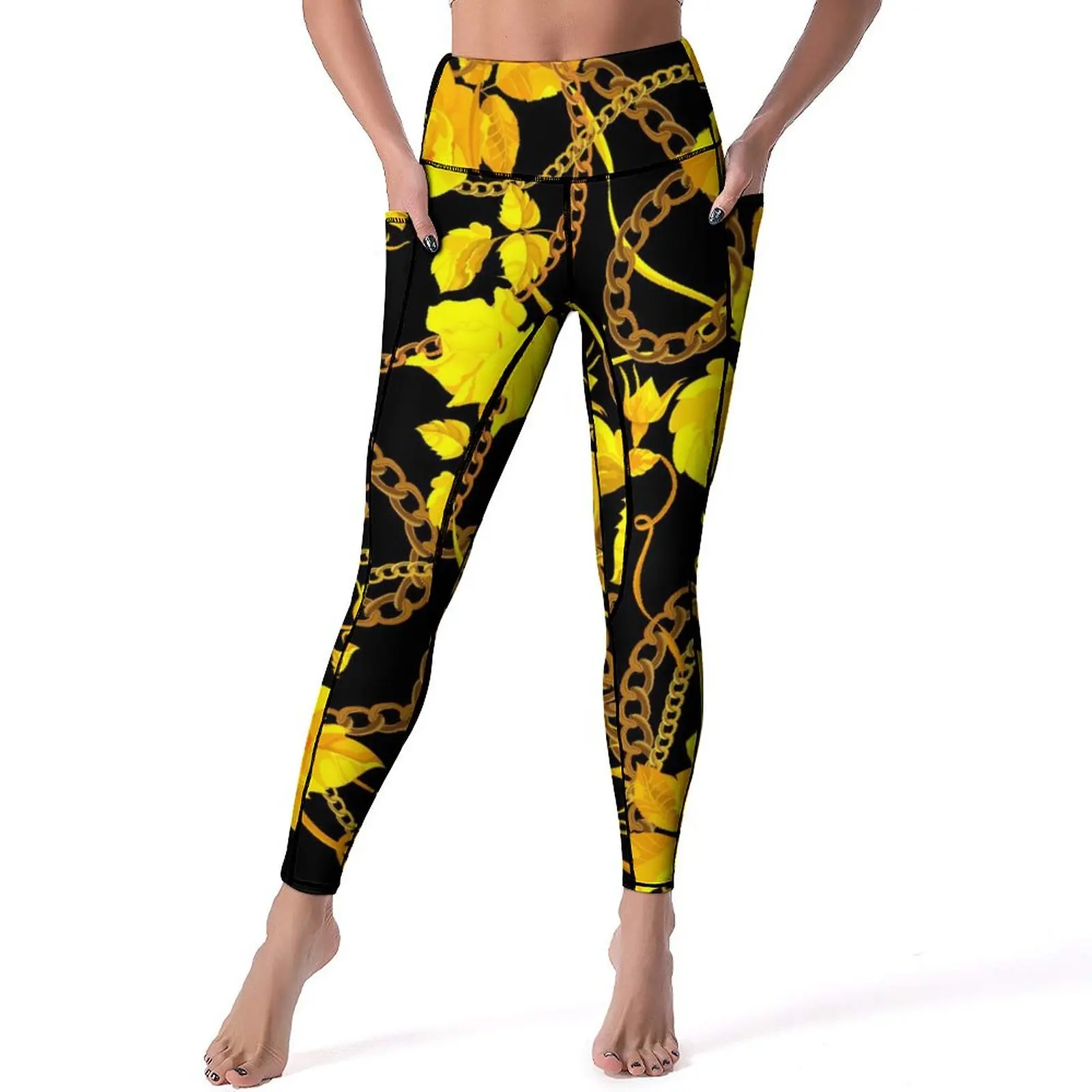 

Gold Chain Yoga Pants Sexy Floral Print Pattern Leggings Push Up Fitness Running Leggins Female Cute Stretch Sports Tights