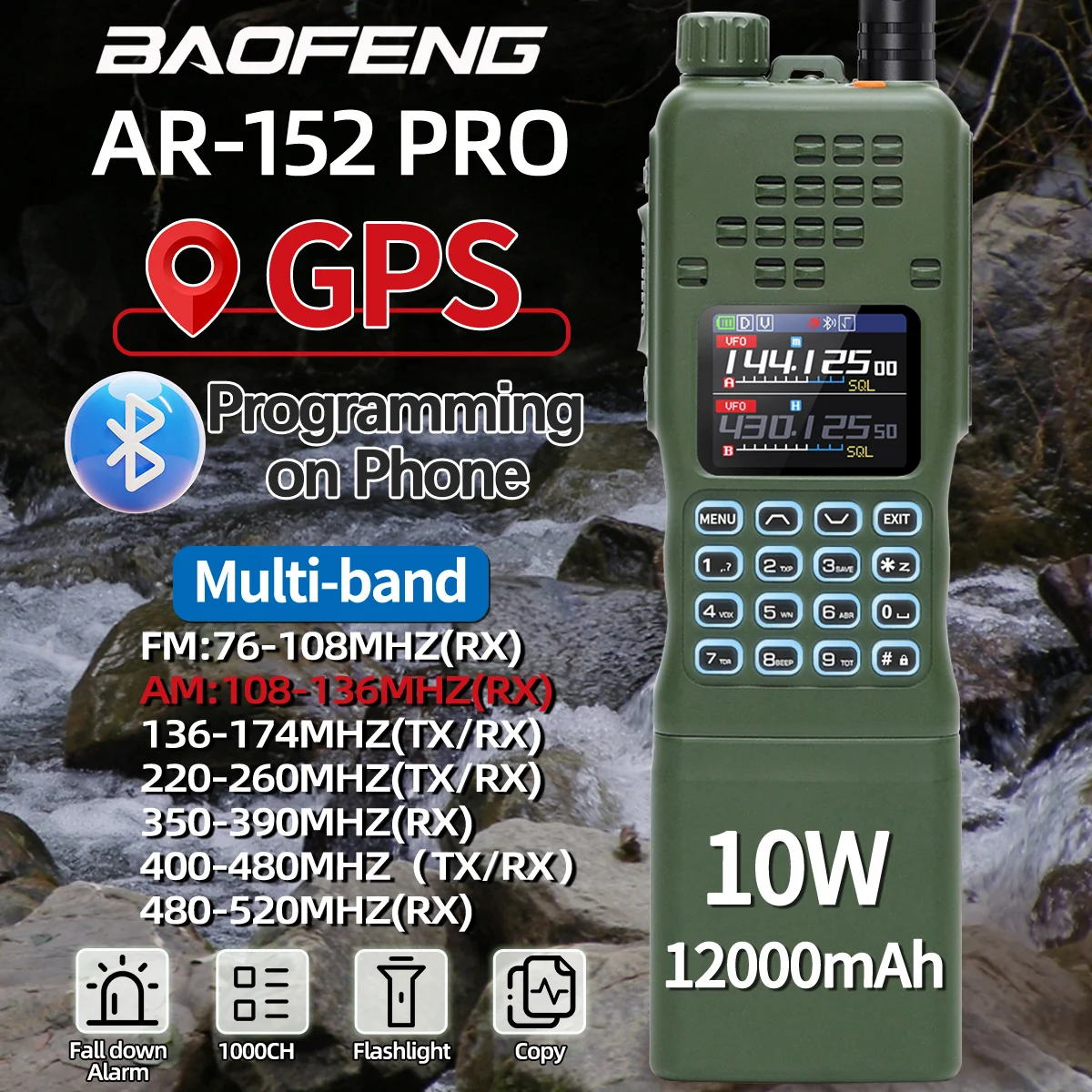 Baofeng AR 152 PRO GPS 10W Hochleistungs-CS-Taktisches Spiel-Walkie-Talkie mit Großer Reichweite, APP-Bluetooth-Programmierung, 1000 Kanäle, Multiband, 12000mAh Akku, Zwei-Wege-Funkgerät für