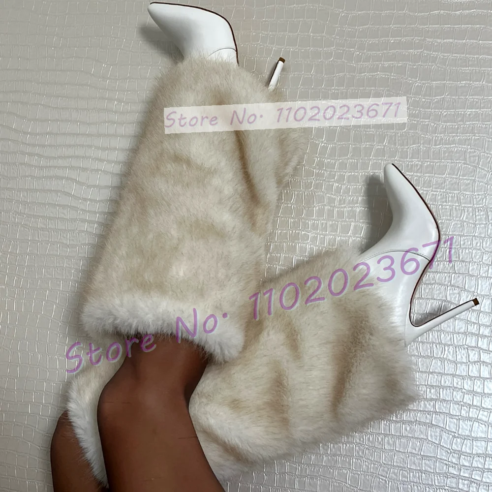 White Furry Stiletto Snow Knee High Boots Women Winter Fashion Pointed Toe High Heels Shoes Luxury Ladies Casual Slip On Boots