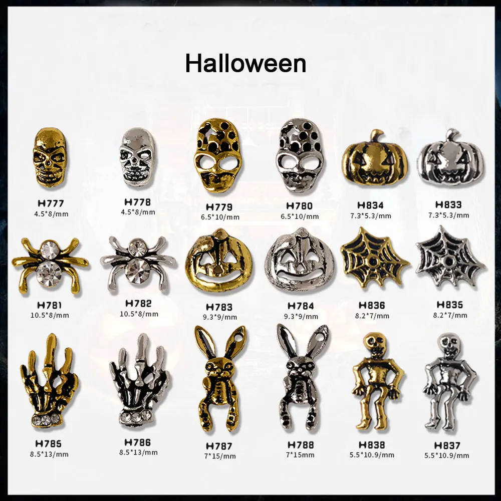 10pcs Halloween Rabbit Nail Art Charm 3D Diamond Studded Ghost Claws Grimace Skull Spider Nail Decoration DIY Nail Accessories