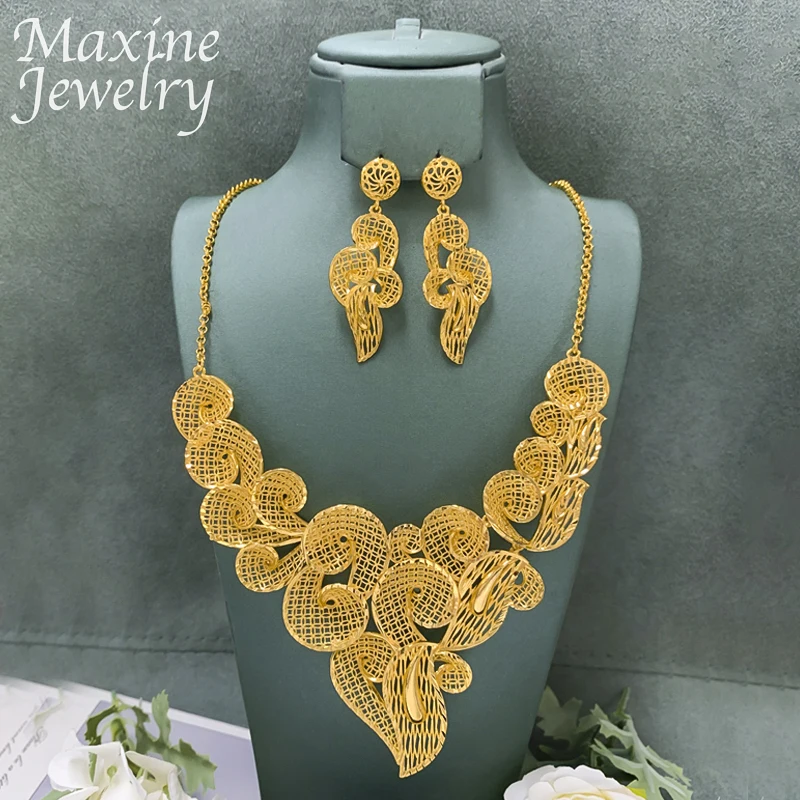 Italian Hollow Luxury Original 18K Gold Plated Jewelry Set Chunky Necklace Drop Earrings for Women Party Bridal Wedding Gifts