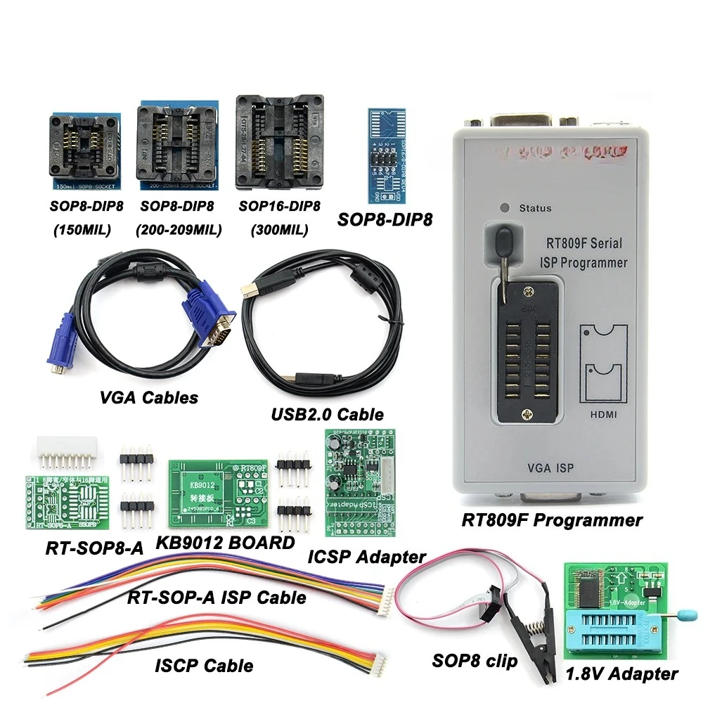 Original RT809F Programmer +11 Adapters + SOP8 Clamp + 1.8V /TSSOP8 SOCKET VGA LCD Programmer ICSP Board 24 25 93 Serise IC