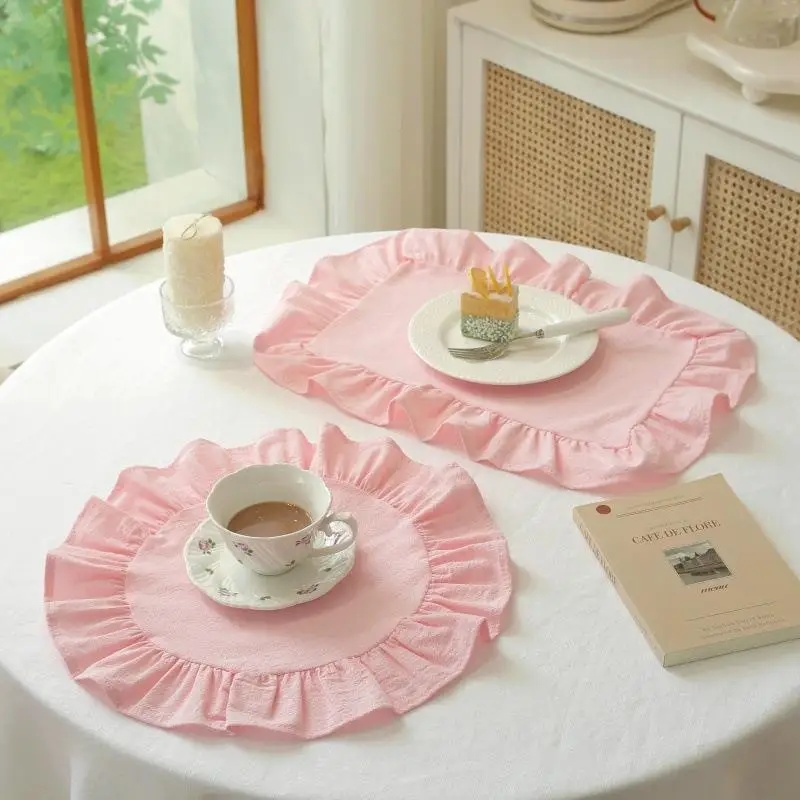 Pink Blue Stripe Ruffle Placemat Set Cute Table Decor For Kitchen Dining Room Breakfast Party Napin