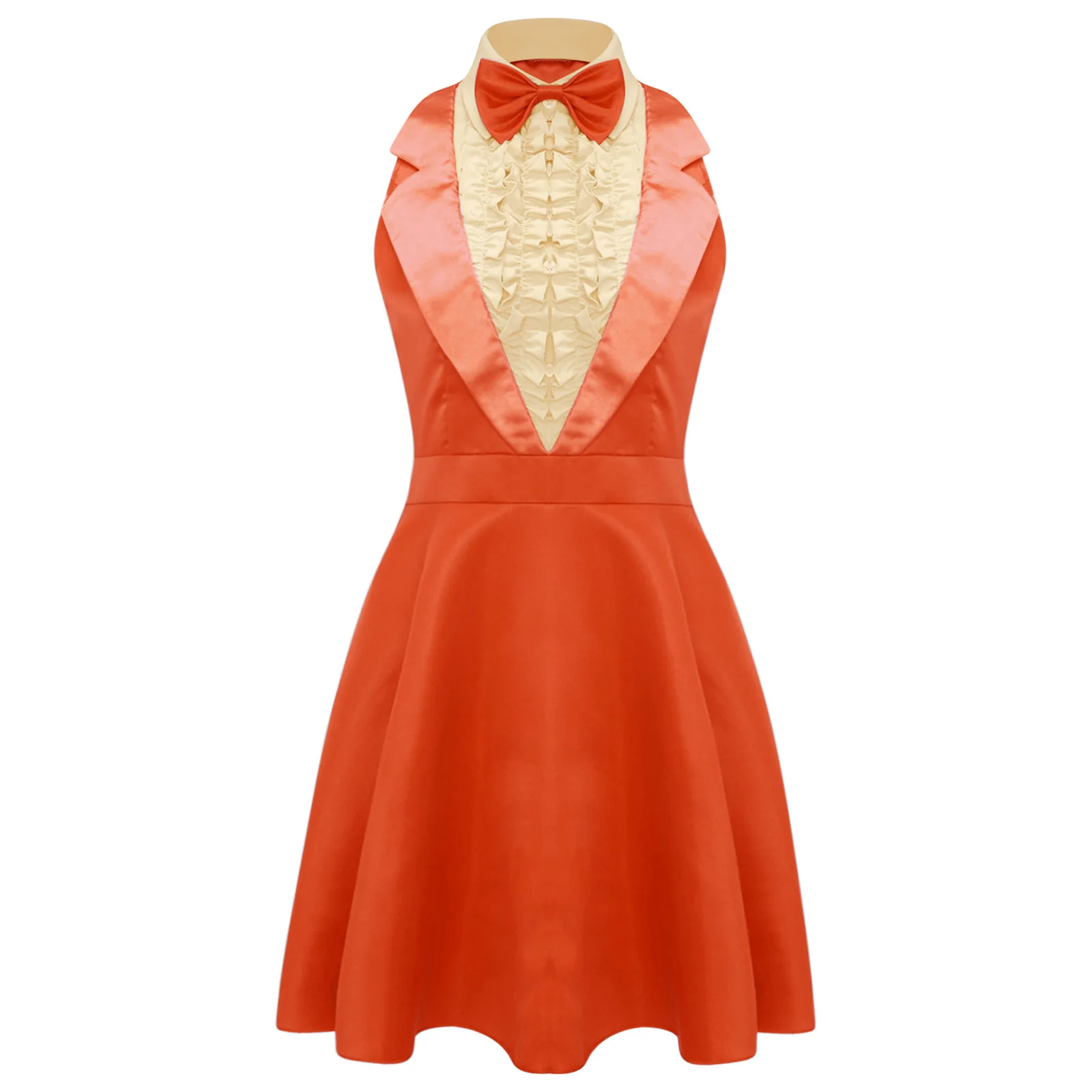 

Womens 70s 80s Cosplay Dumber Costume Sleeveless Ruffled A Line Dress with Bowtie Lapel for Halloween Dress Up Party And Raves
