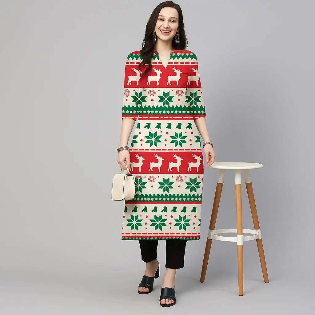 فستان كورتا كاجوال عصري ومريح للنساء المسلمات لعيد الميلاد بأكمام طويلة وأنبوب مستقيم كاجوال عرقي #1