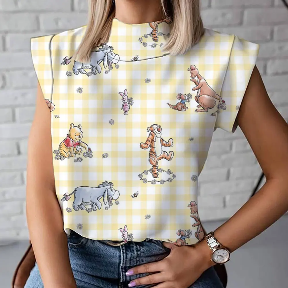 2023 Winnie the Pooh Animation Summer Fashion New Casual Versatile Cute Female Harajuku Street High Neck T-Shirt Vest y2k