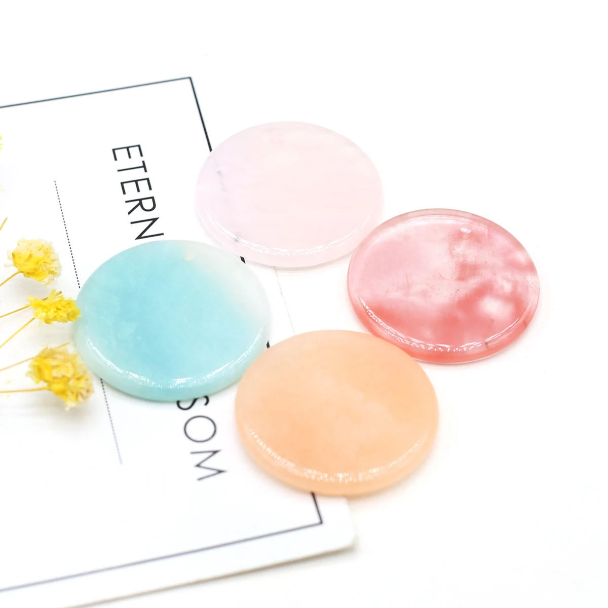 로즈 쿼츠 아마조나이트 옥 타이거 아이 스톤, 내추럴 라운드 디스크 펜던트, 쥬얼리 제작, DIY 목걸이 액세서리, 30mm