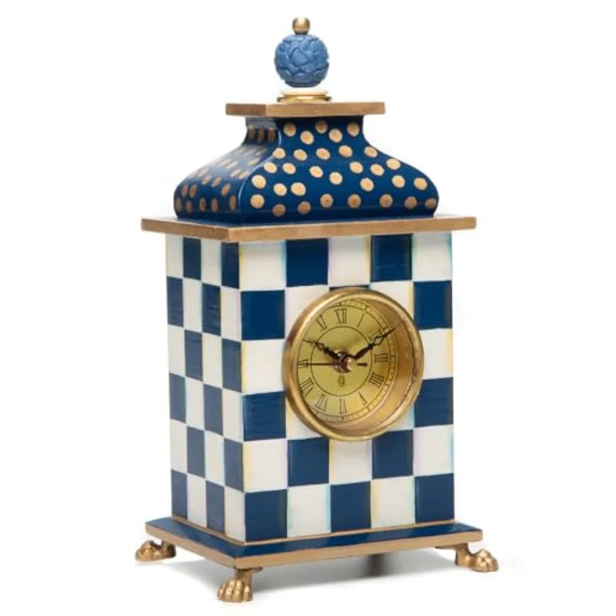 Desk Clock Decorative Wood Clock for Kitchen and Living Room Blue-and-White Royal Check